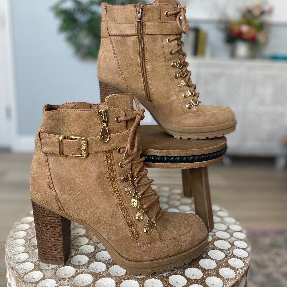 G by Guess, Grazzy - Hiker stacked block heel Bootie, Tan faux nubuck, size 10